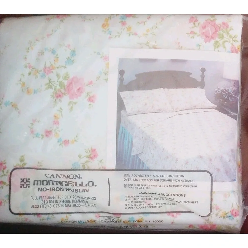 NOS Cannon Full‎ Flat Sheet Roses Floral Monticello Deadstock